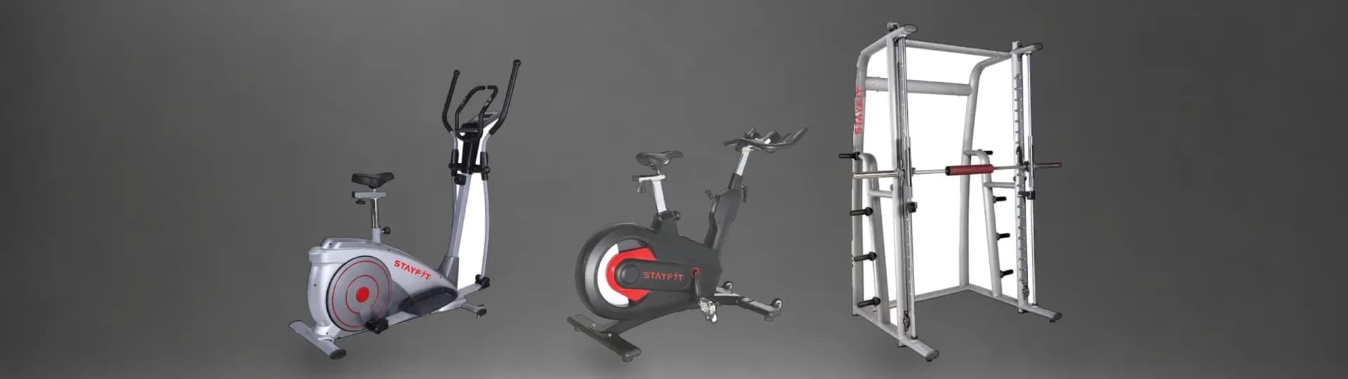 STAYFIT DE31 cross trainer, SNB-5 spin bike and SF-6017 smith machine on a studio backdrop