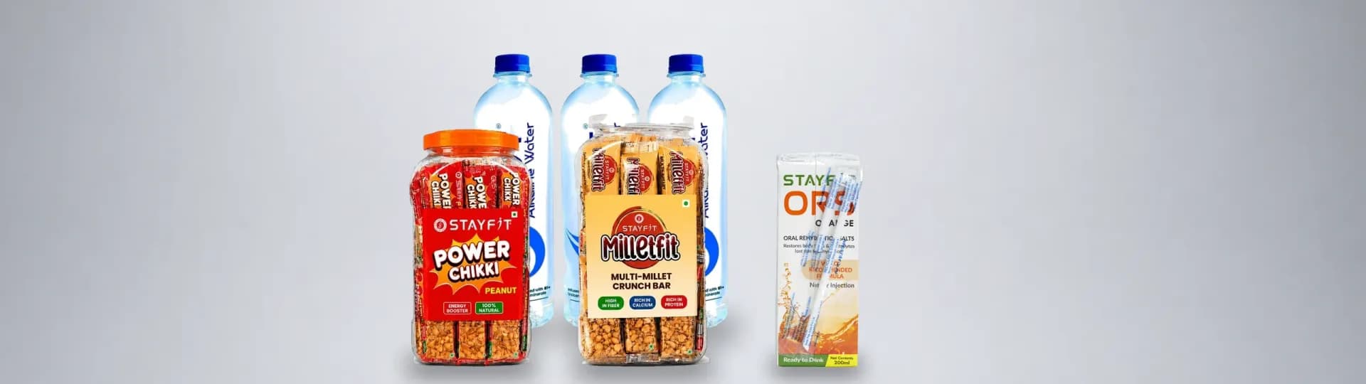 STAYFIT Power Chikki, MilletFit crunch bars, alkaline water, iFit energy boosters and WHO-formulated ORS